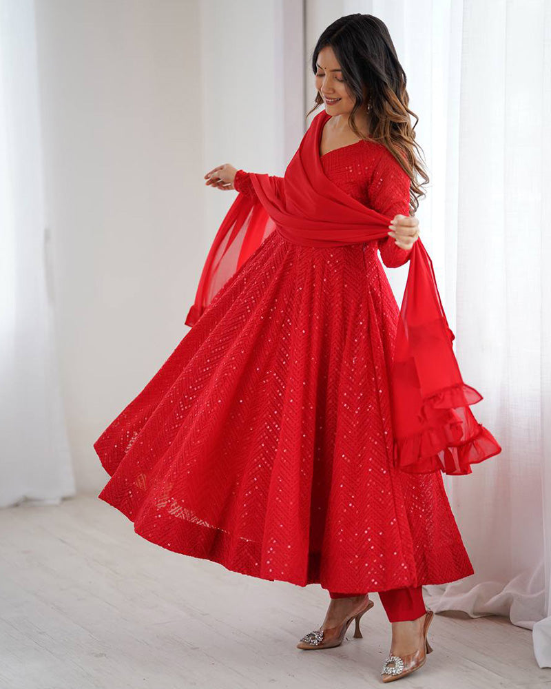 Designer Red Color Georgette Lucknowi Three Piece Anarkali Suit