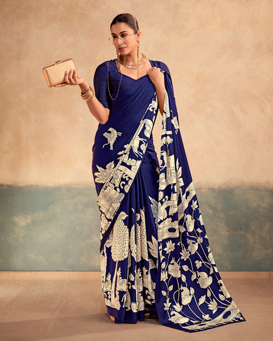 Navy Blue Color Satin Silk Kalamkari Printed Saree