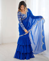 Blue Color Faux Georgette Ruffle Lehenga Saree