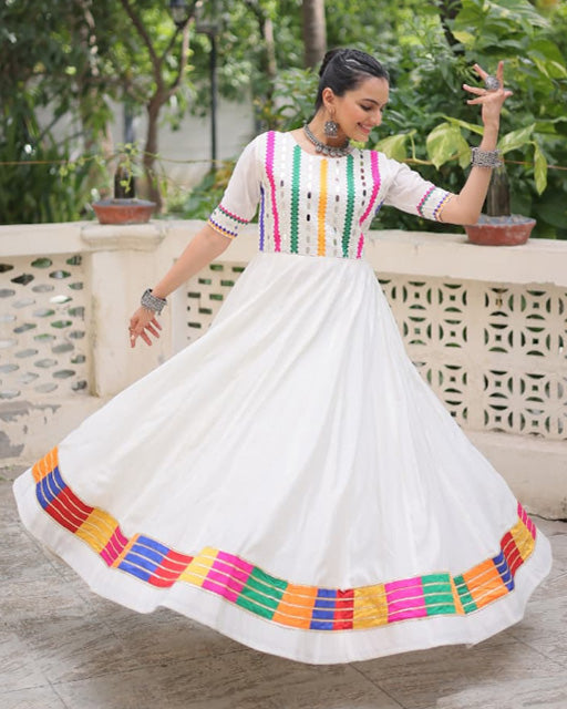 White  Color Roman Silk Multi Threaded Work Navratri Gown