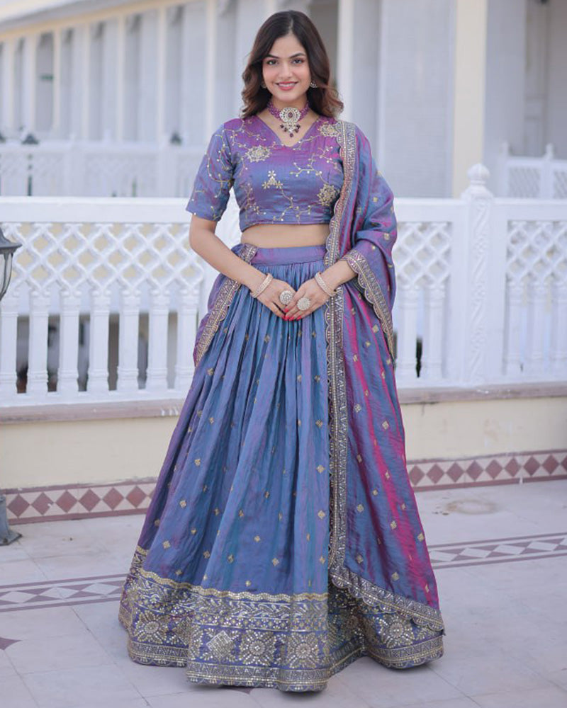 Dusty Blue Color Ysl Silk Embroidered Lehenga Choli
