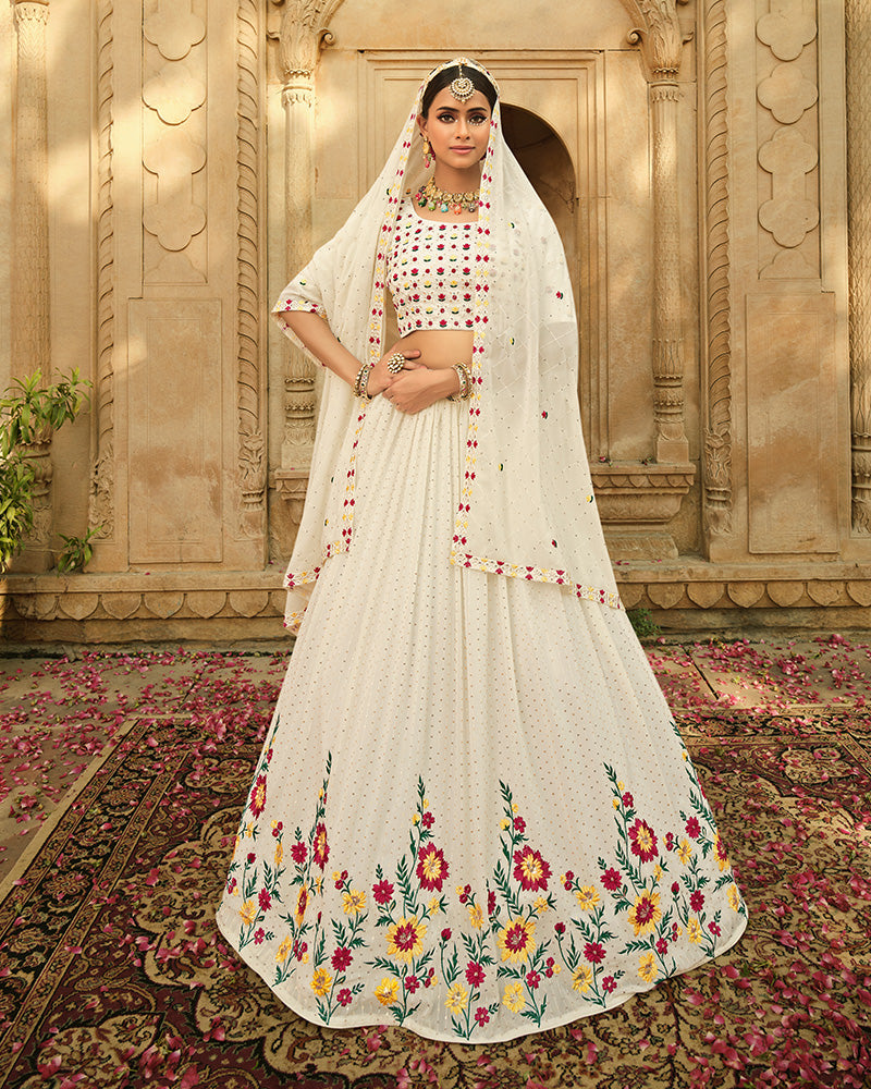 Designer White Color Georgette Semi Stitched Lehenga Choli