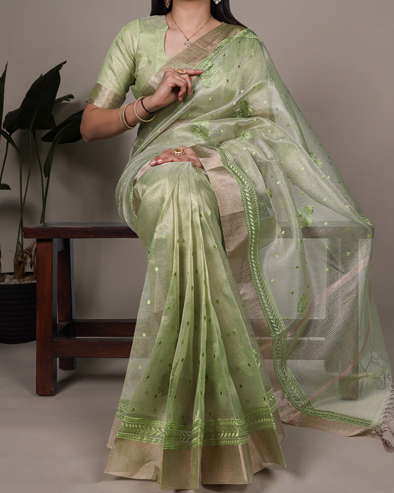 Pista Color Poly Shimmer Embroidered Saree