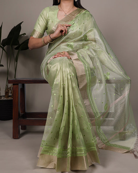 Pista Color Poly Shimmer Embroidered Saree