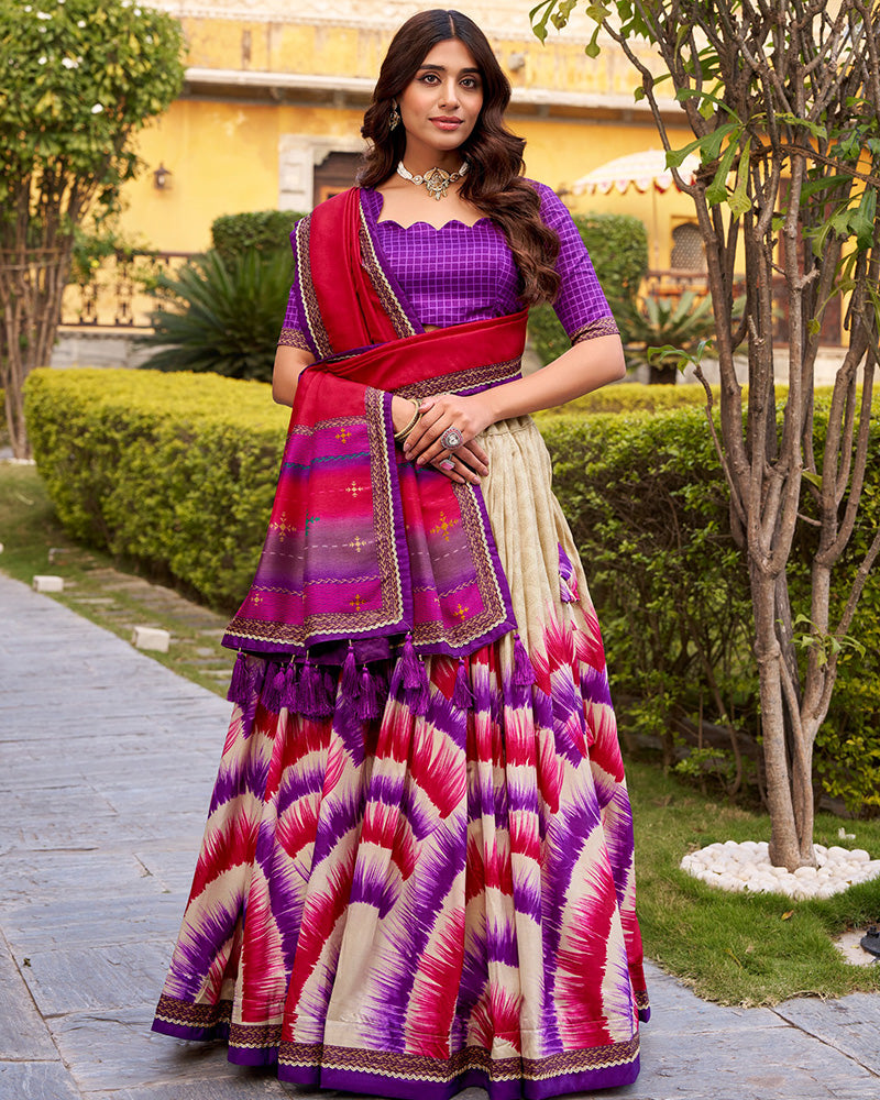 Purple Color Tasar Silk Dye Printed Lehenga Choli