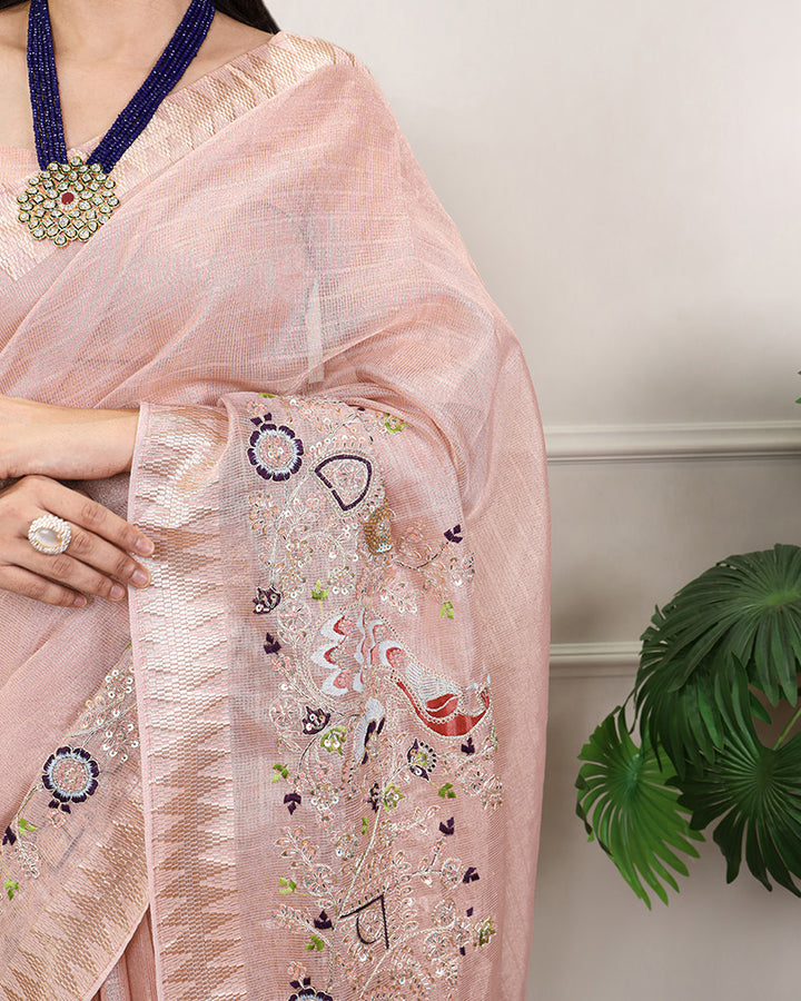 Peach Color Embroidered Kota Tissue Saree