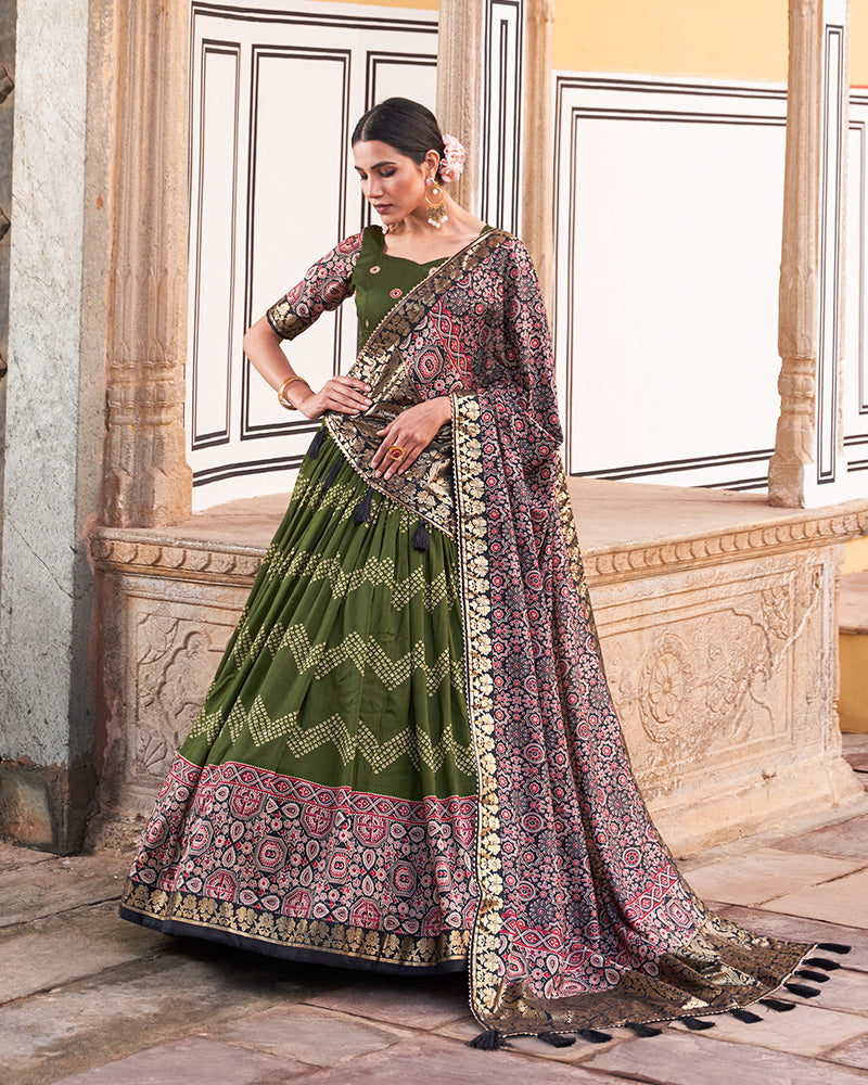 Designer Green Color Ajarakh Print Silk Lehenga Choli