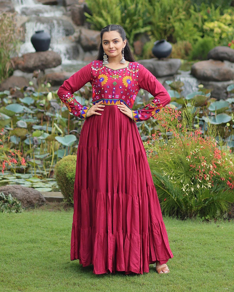 Maroon Color Rayon Gamthi Style Navratri Gown