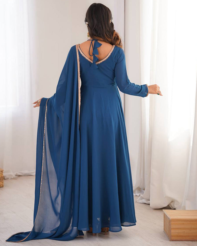 Teal Blue Color Pure Blooming Georgette Anarkali Gown