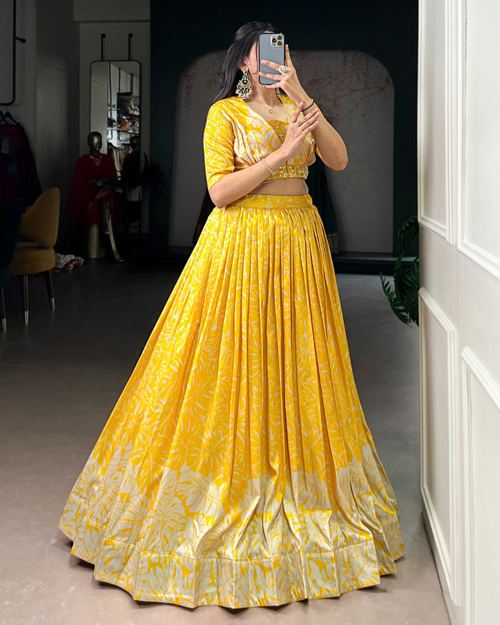 Yellow Color Tasar Silk Laheriya Printed Lehenga Choli