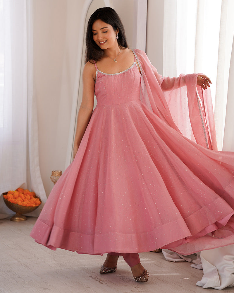 Dusty Pink Color Crunchy Silk Three Piece Anarkali Suit
