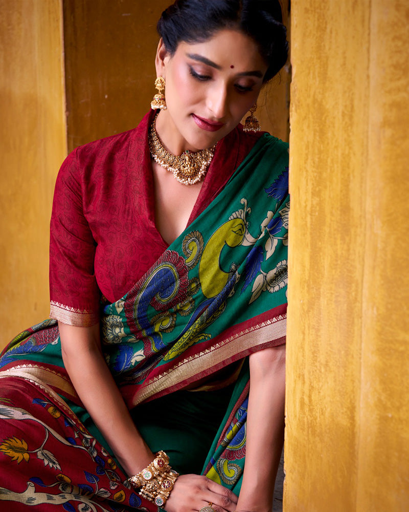 Firozi Color Viscose Chanderi Printed Saree