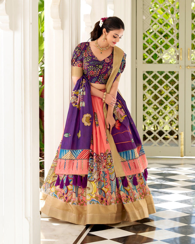 Peach Color Dola Silk Designer Kalamkari Print Half Saree