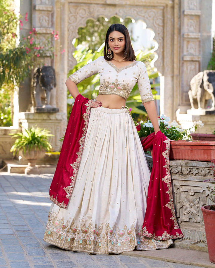 Off-White Color Vichitra Silk Thread Embroidered Lehenga Choli