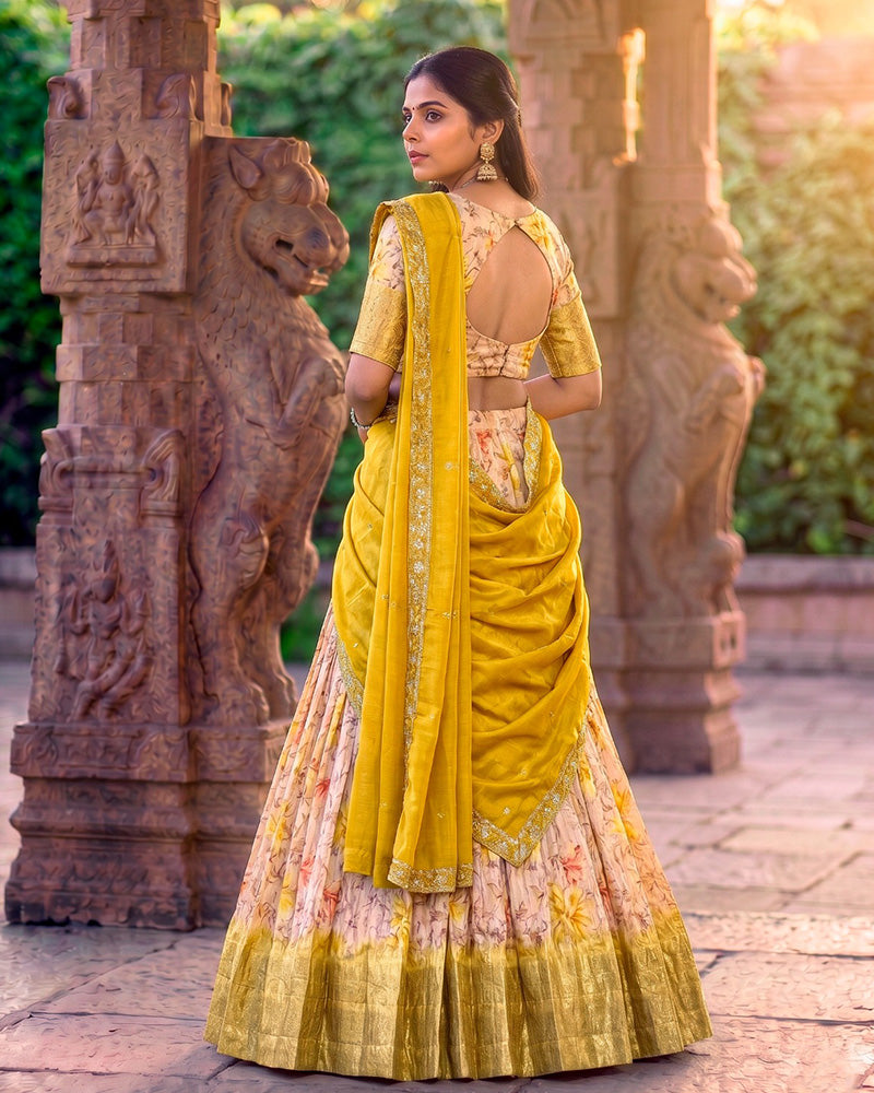 Yellow Color Dola Chex Floral Printed Half Saree