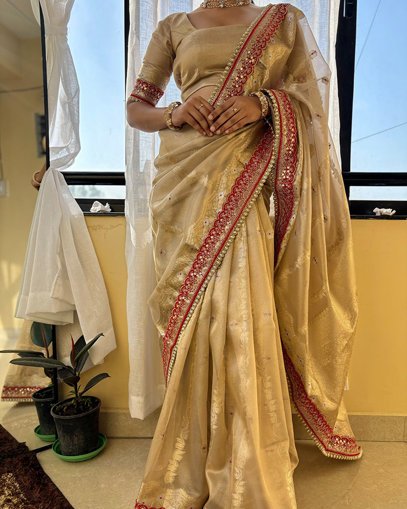 Cream Color Banarasi Tissue Silk Organza Saree