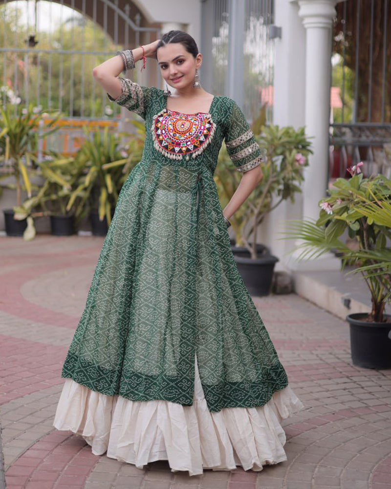 Green  Color Bandhani Printed Kurti With Kora Cotton Lehenga