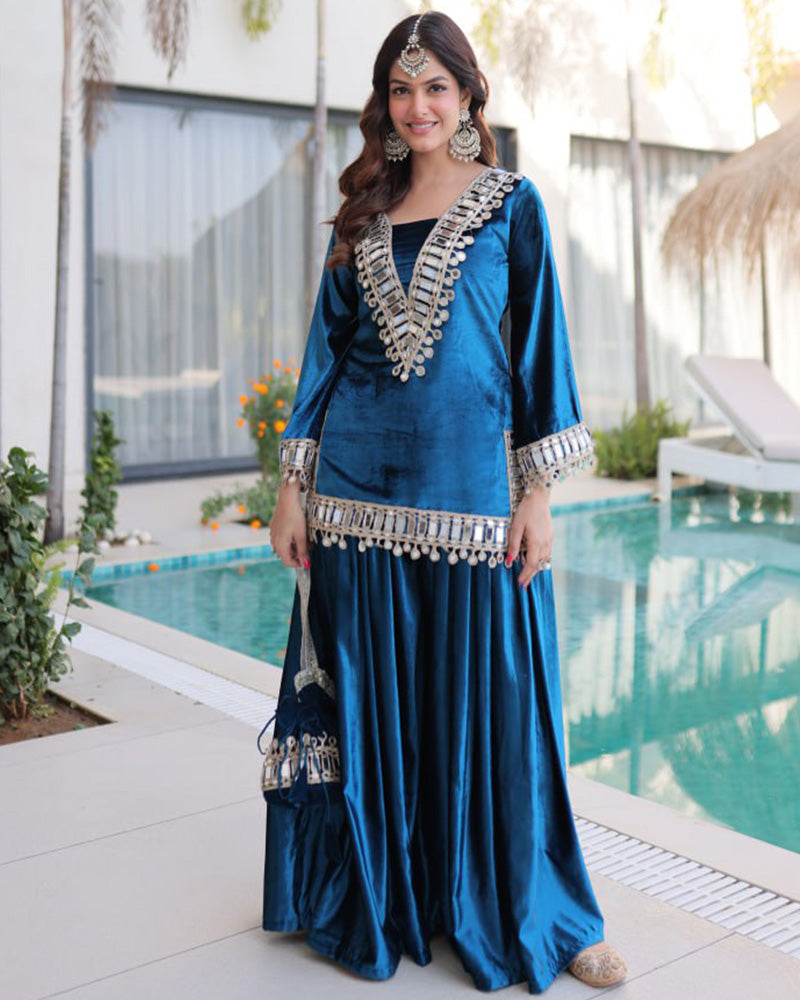 Peacock Blue Color Ice Velvet Embroidered Plazzo Suit