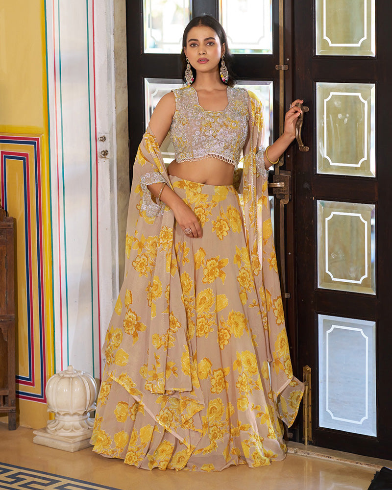 Mustard Color Georgette Embroidered Lehenga Choli