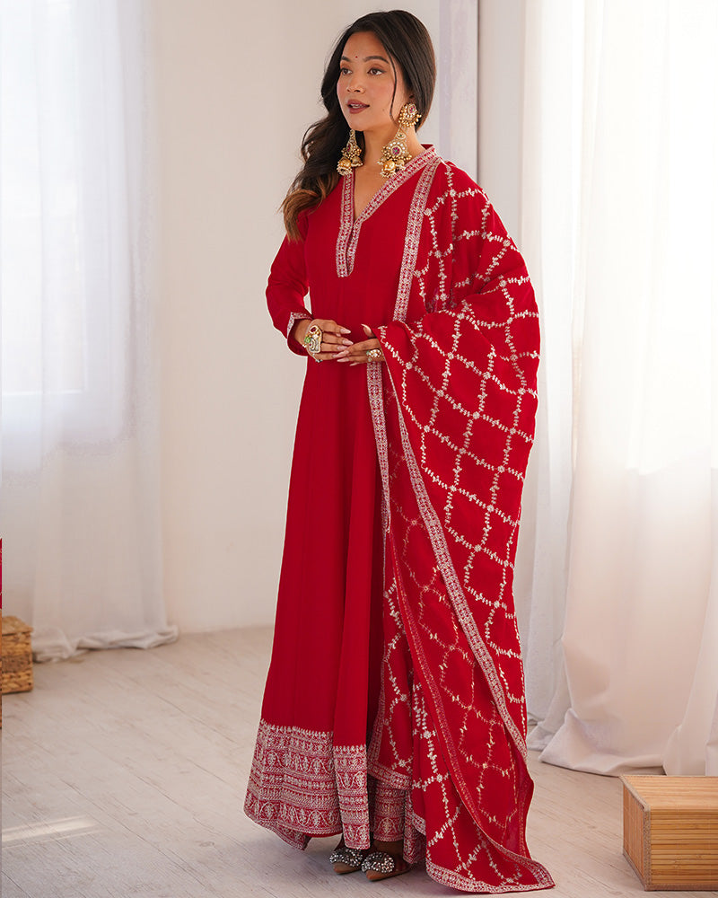 Red Color Vichitra Silk Embroidered Gown