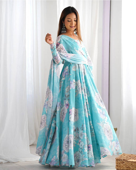 Sky Blue Color Georgette Floral Printed Gown