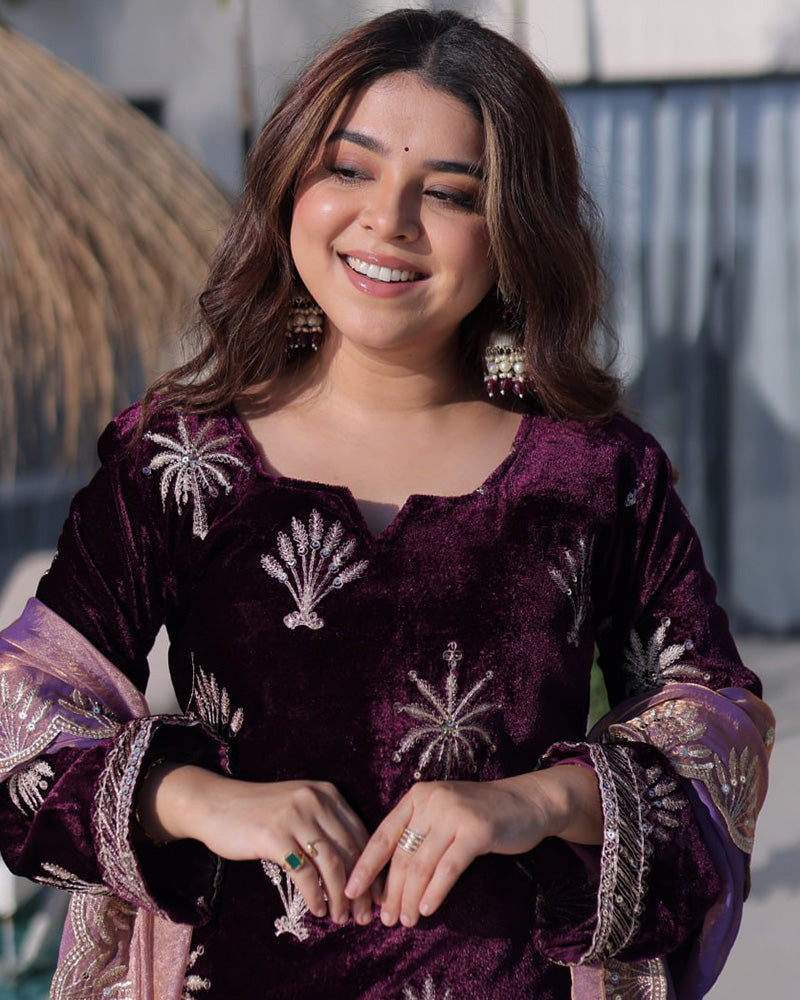 Wine Color Ice Velvet Embroidered Plazzo Suit