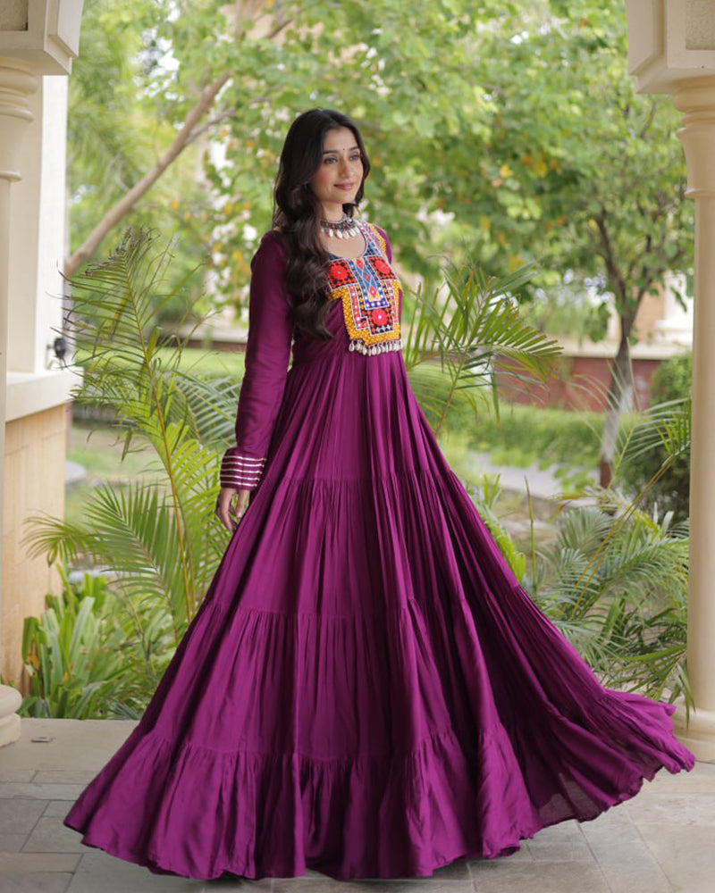 Three Color Rayon With  Kutchi Gamthi Embroidered Navratri Gown