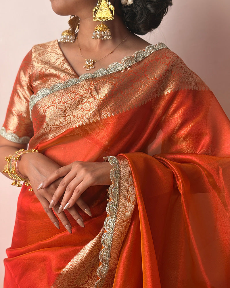 Orange Color Banarasi Tissue Saree