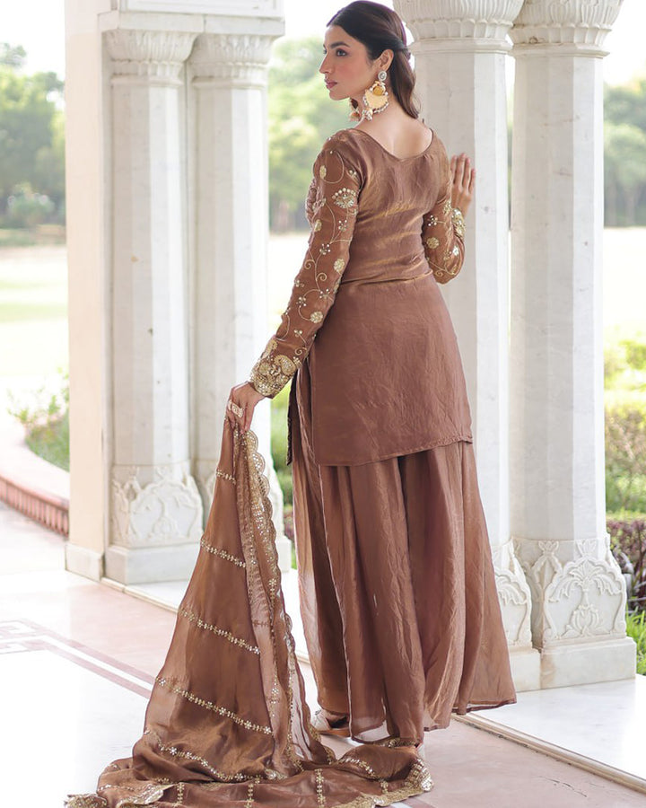 Coffee Color Fendi Silk Embroidered Sharara Suit