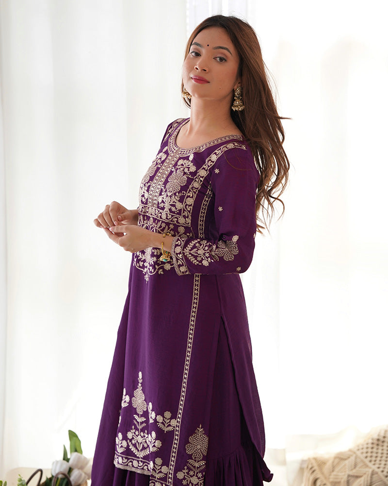 Wine Color Pure Chinon Silk Embroidered Plazzo Suit