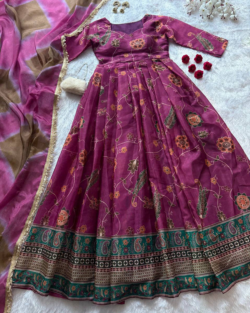 Onion Color Digital Printed Soft Organza Gown