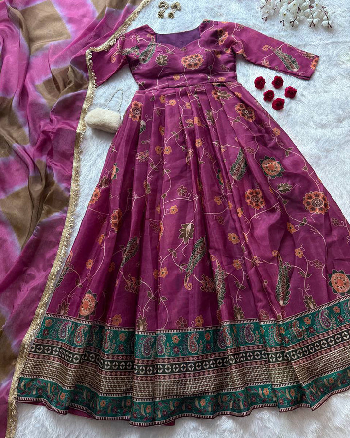 Onion Color Digital Printed Soft Organza Gown