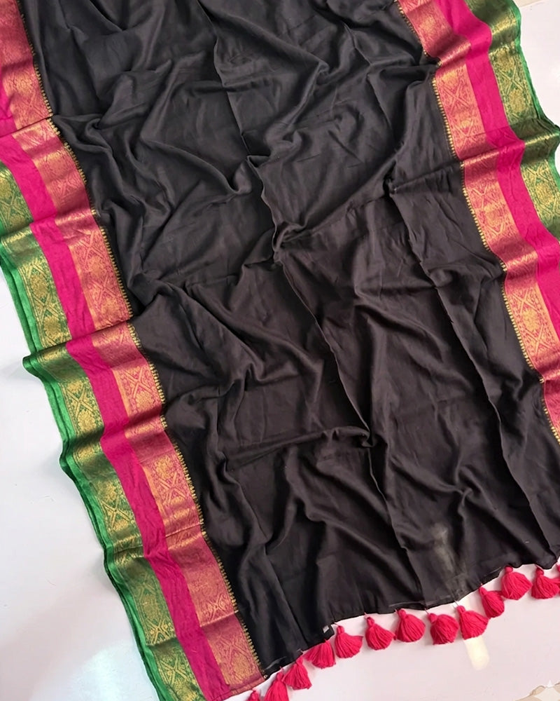 Elegance Black Color Mal Cotton Kanchivaram Saree
