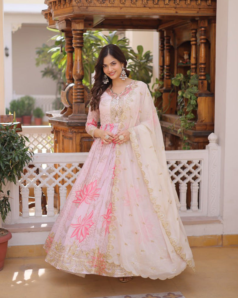 Baby Pink Color Russian Silk Embroidered Gown