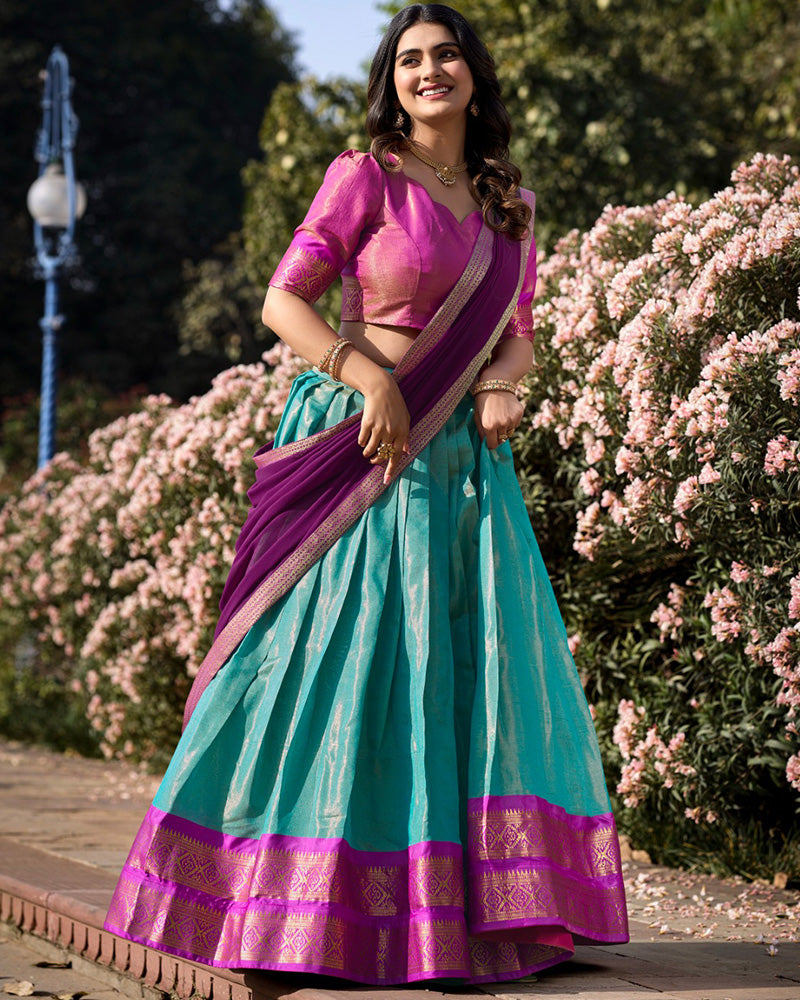 Sky Blue Color Kanchipuram Silk Designer Lehenga Choli