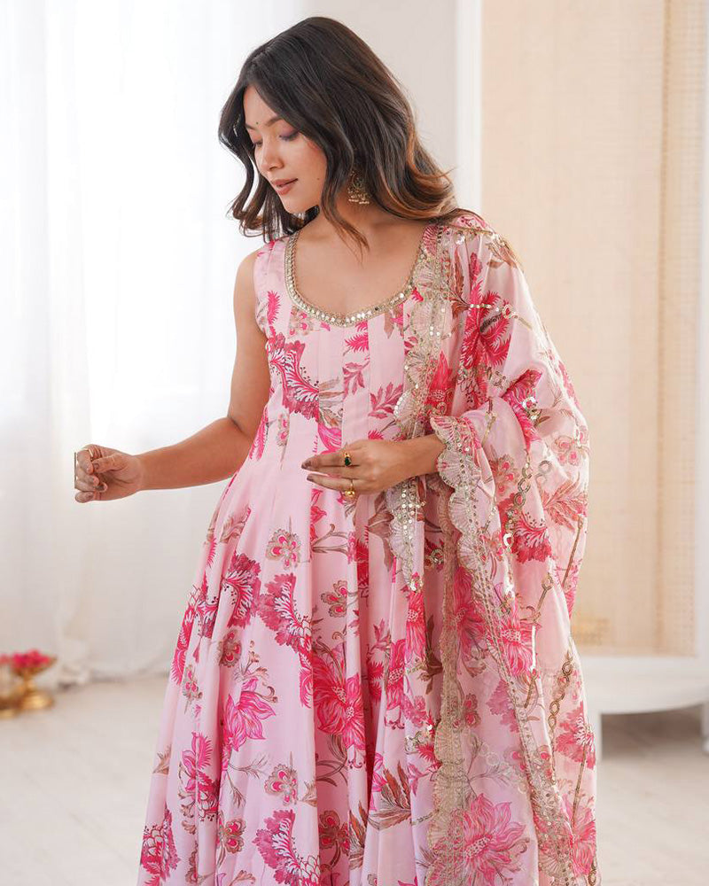 Baby Pink Color Pure Muslin Cotton Three Piece Anarkali Suit