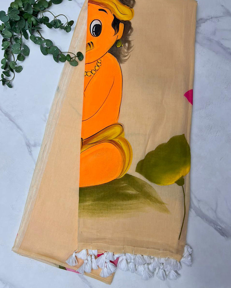 Cream Color Pure Mal Cotton Krishna Printed Saree