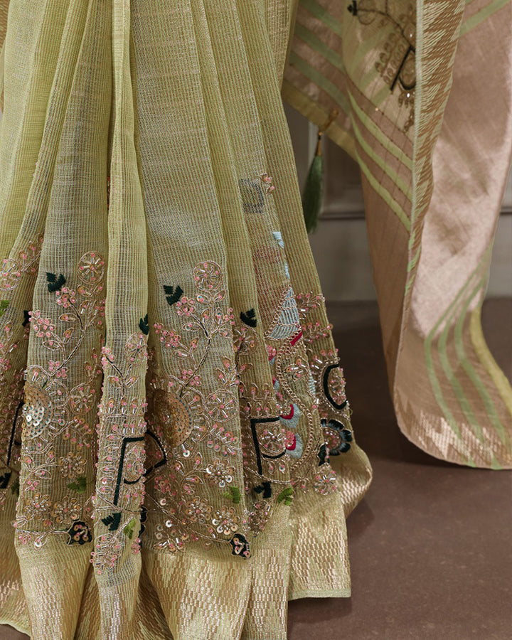 Pista Color Embroidered Kota Tissue Saree