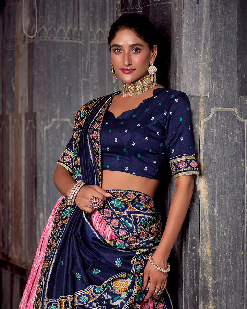 Pink And Navy Blue Ikkat Printed Tasar Silk Lehenga Choli