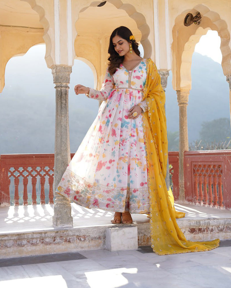 Wedding Wear Floral Embroidered White Color Gown With Dupatta