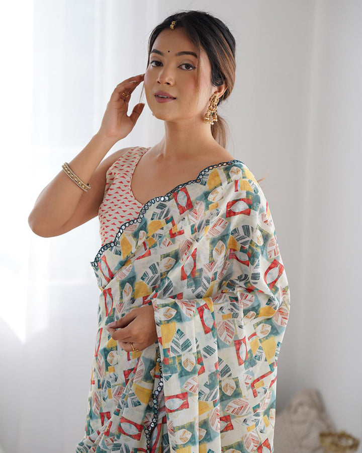 Off-White Color Chinnon Silk Saree