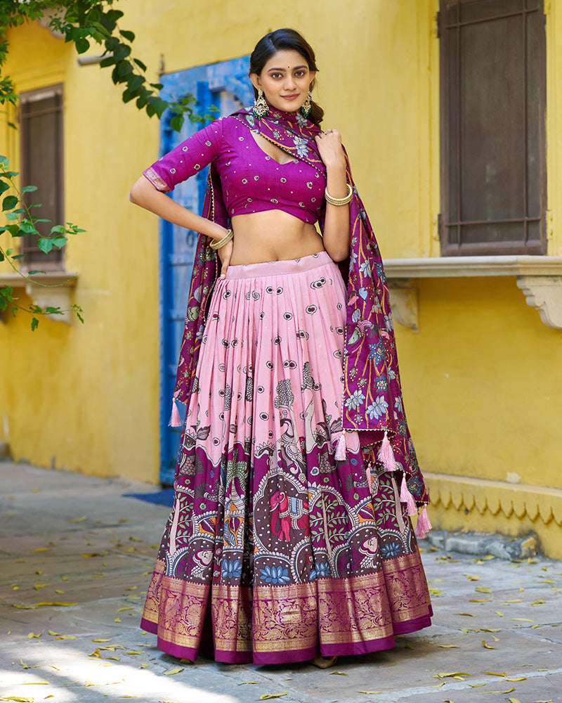 Light Pink Color Tussar Silk Kalamkari Printed Lehenga Choli