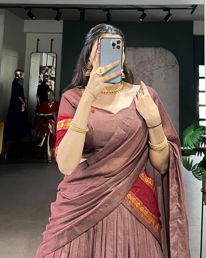 Elegant Brown Pure Chanderi Half Saree With Zari Weaving