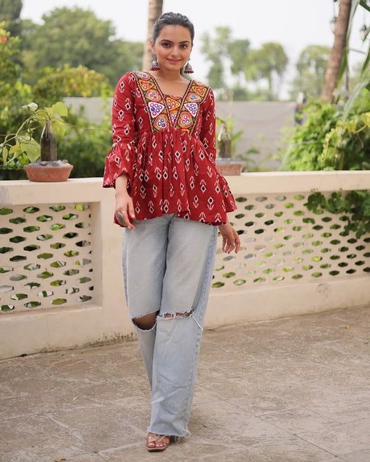 Maroon Color Cotton Printed Navratri Kediya