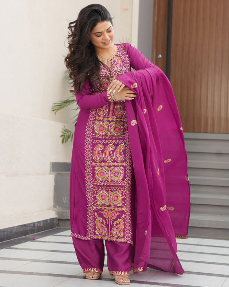 Magenta Color Chinon Embroidered Kurti Suit