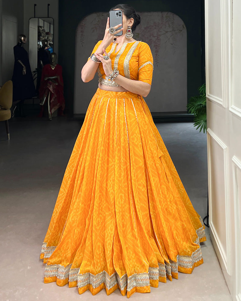 Yellow Color Chiffon Bandhej Printed Navratri Lehenga Choli