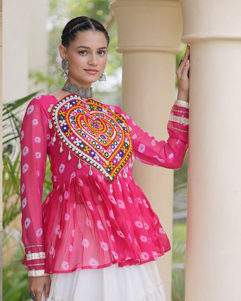 Rani Pink Color Bandhani Printed With Kora Cotton Navratri Lehenga Set