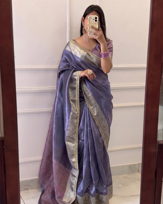 Dusty Blue Color Banarasi Tissue Silk Saree