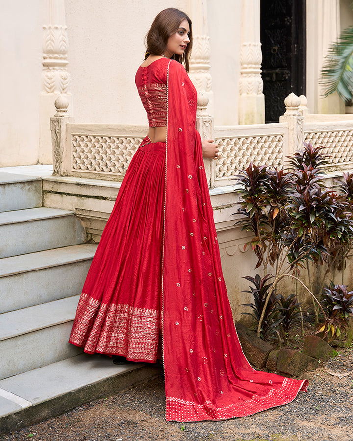 Red Color Pure Chanderi Plain Navratri Half Saree