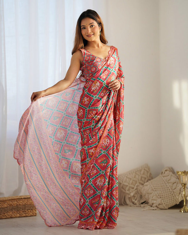 Tomato Color Chinnon Silk Saree
